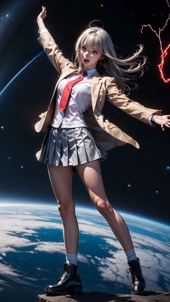 1girl, tall body, high school student, suit, dark blue suit jacket, white shirt, (red ribbon necktie), grey pleated skirt, miniskirt, bare legs, white socks, brown shoes, light grey hair, hazel eyes, med-back-length hair, bangs, ahoge, beautiful detailed eyes, beautiful detailed face, cute face, medium breasts, perfect hands, complete fingers, perfect anatomy, perfect proportions, age 18, solo, solo focus, standing, raised arms, serious, open mouth, looking at viewer, space backdrop, floating, body infused with electricity, ahoge