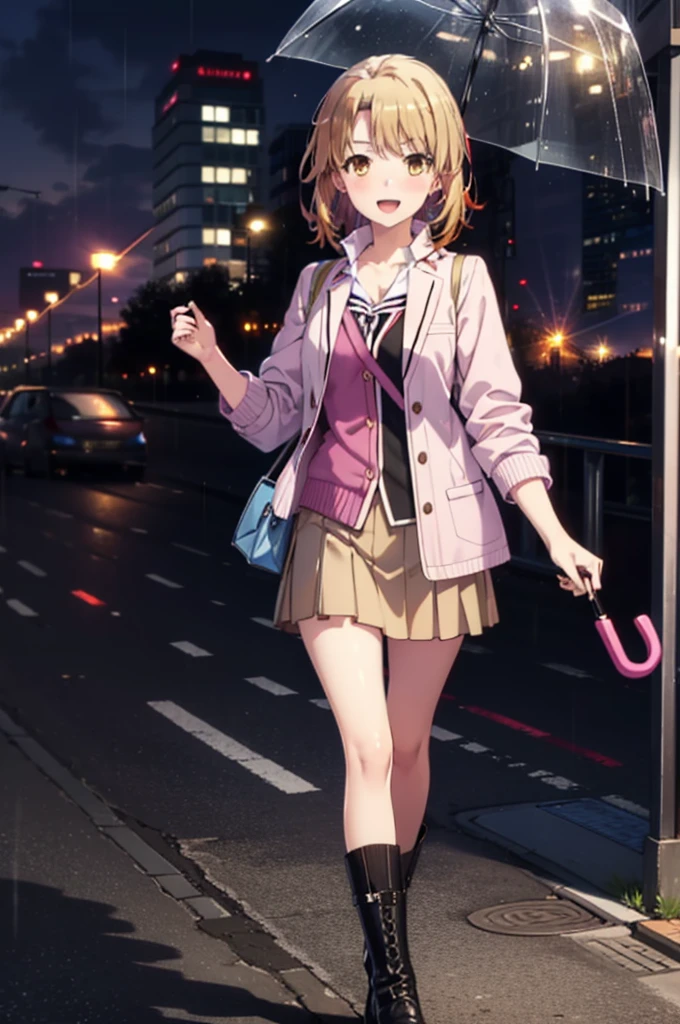 Irohaisshiki, isshiki iroha, short hair, Brown Hair, (Brown eyes:1.5), happy smile, smile, Open your mouth,blush,black rider jacket　Open front,V-neck shirt,mini skirt,Black pantyhose,short boots,Walking,He is holding the grip of a black umbrella in his right hand.,rain,cloudy,Walking,whole bodyがイラストに入るように,
break outdoors, Building district,crowd, people々々,
break looking at viewer,whole body,
break (masterpiece:1.2), Highest quality, High resolution, unity 8k wallpaper, (figure:0.8), (Beautiful attention to detail:1.6), Highly detailed face, Perfect lighting, Highly detailed CG, (Perfect hands, Perfect Anatomy),