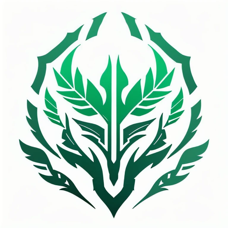 a logo using a leaf, very simple for a nature faction in an RPG world, nature emblem, only green color, leafy, tranquil, Pacific, chic, Symmetrical, posh, high qualiy, com fundo branco