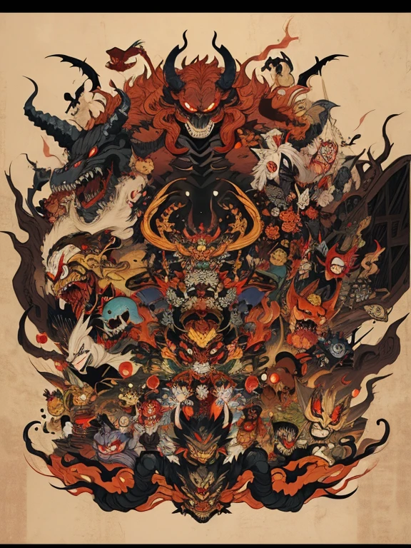 pandemonium, group of yokai, group of oni, giant snake, fox, centipede, giant skeleton, spider, demon, oni, tengu, The picture is painted in the style of a Japanese ink painting