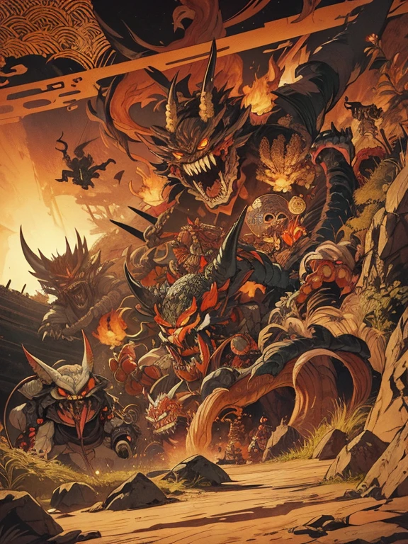 pandemonium, group of yokai, group of oni, giant snake, fox, centipede, giant skeleton, spider, demon, oni, tengu, The picture is painted in the style of a Japanese ink painting