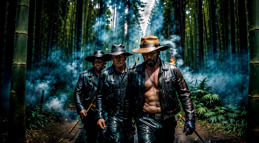 The Captain of the Forest -- leather jacket, long pants and hunter's boots, with a straw hat, closed, he is wounded and is carried on the shoulders of men = one on the left side, the other on the right side - - a lot of smoke - he is carried by two henchmen - a lot of smoke - the captain of the forest carried by henchmen gets up from the ground - leaving the forest in the background a bamboo grove