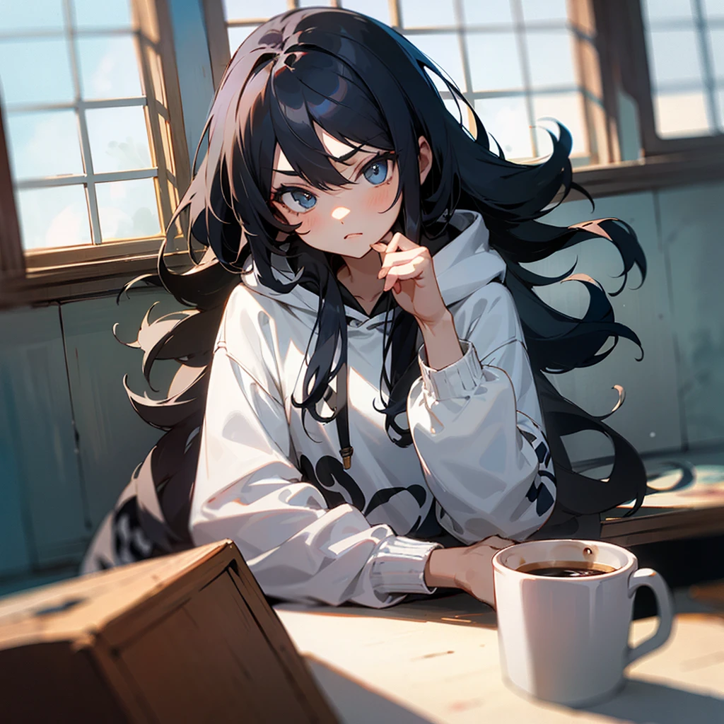 1 girl, black hoodie, long hair, super beautiful, cool, intimidation, black hair, coffee, window, cute