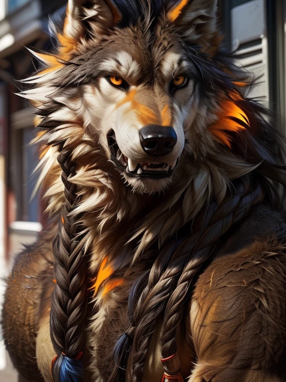 (by darkgem:1.4), masterpiece, best details, real life, depth of field, detailed background, (bright lighting:1.4), nude, solo, (anthro), with bushy pubic hair and armpit hair, snarling, growling, attitude, clear details, powerful, pleasure, covered in fur, fangs, tongue, ((anthro male wolf:1.4), sexy guy man, (brown fur, yellow belly fur, orange markings, braids))