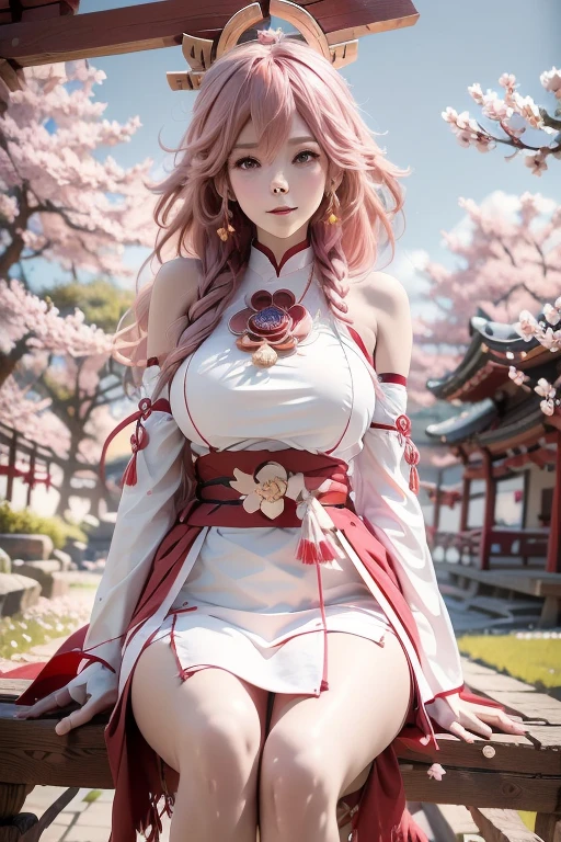 pink hair,masterpiece,extremely detailed,CG,2k wallpaper,Amazing,finely detail,extremely detailed CG unity 8k wallpaper,huge filesize,ultra-detailed,shenzi,1 girl,cosplay,Yaeko Nogi (Tokyo 7th Sisters),bright smile,confident eyes,(long flowing hair:1.1),traditional shrine maiden outfit,red and white colors,tied-up hair,red ribbon,cherry blossom petals,torii gate background,holding a sacred staff,elegant posture,focused expression,outdoor shrine setting.,