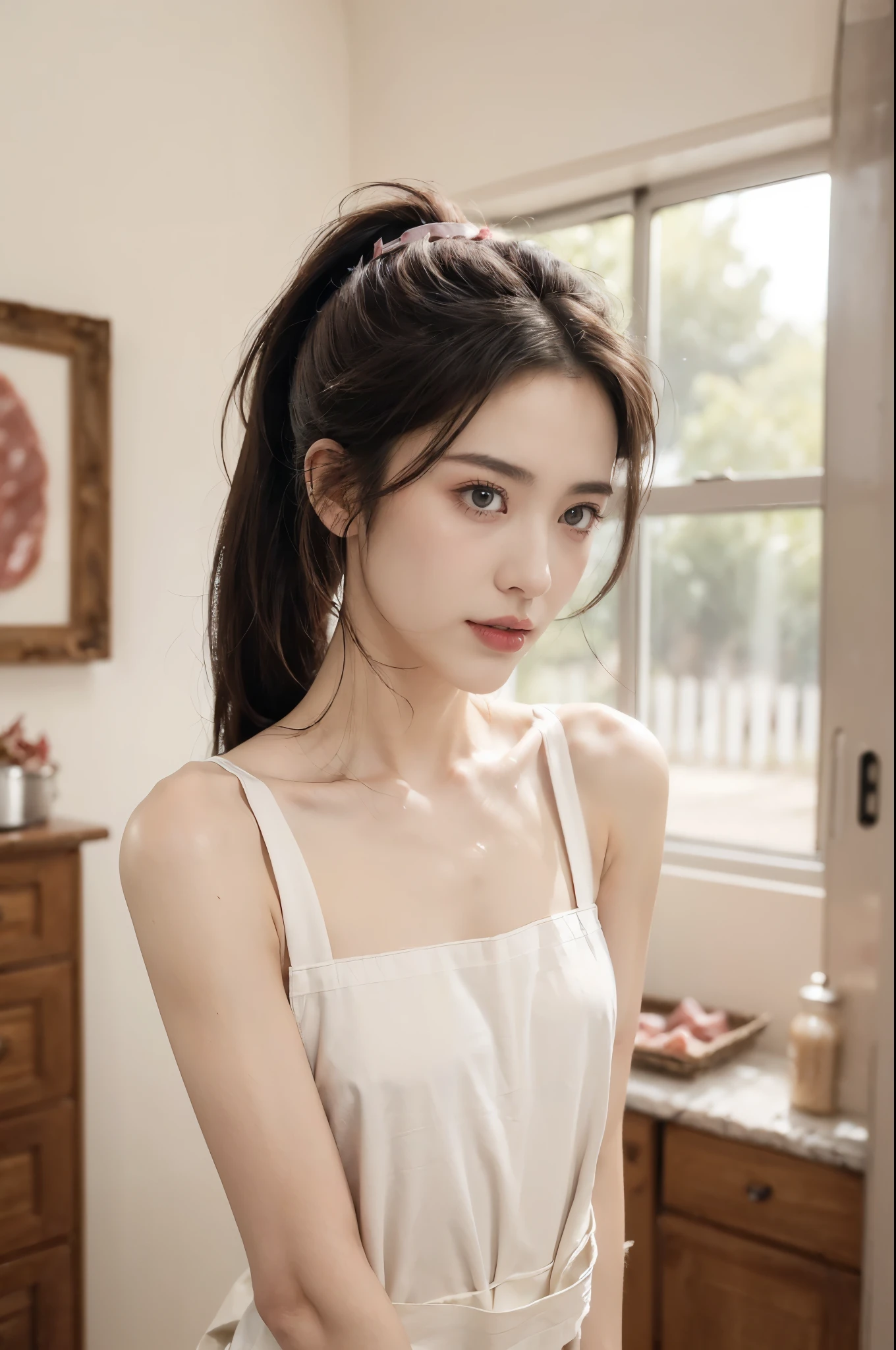 (((best quality))),(((ultra detailed))),(((masterpiece))),illustration, 1girl,female butcher,solo,(short ponytail:1.2),((sweat,shiny skin)),((slim,thin,small breasts,flat chest)),((bare shoulder,bare arms)),(dirty apron covered in greasy stains:1.3),((gloves)), plainradiant face, hint of smile,standing,arms behind back,gentle and innocent nature,spacious warehouse, (The room was full filled with fresh meat:1.5), stark white walls, contrasting red and pink hues, Calm and composure, sense of warmth and humanity, natural lighting, sunlight, silhouette, delicate frame, graceful posture, unique and intriguing moment, resilience and adaptability of the human spirit,indoor,((upper body,from front))