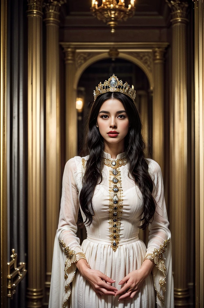 a queen in a medieval european empire style, beautiful intricate crown, elegant flowing gown, regal posture, ornate throne room background, warm lighting, photorealistic, highly detailed, 8k, dramatic lighting, dramatic colors, cinematic composition