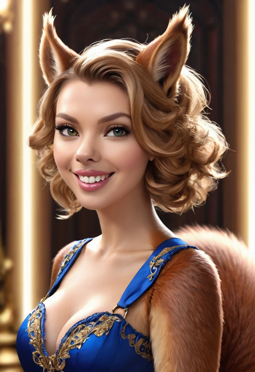Scarlett Johanson as a a squirrel furry. Squirrel hybrid, anthropamorphic squirrel. the overall theme and style should feel like. a hybrid of fairytale and Science Fiction. Wide Smile, Eyes Detailed & Wide, sexy Pose. Ultra HD, Rococo-Inspired Fantasy Art With Intricate Details. Cute, Charming Expression, Alluring-Gaze, looking at viewer Beautiful Eyes, An-Ideal-Figure. slim waist, fit body, full lipsWarm lights , fluffy bushy hair, delicate face, realistic, real, slim, large aperture, sexy shots, attractive poses, . symmetrical face, photorealistic, photography, path tracing, specular lighting, volumetric face light, path traced hairmaximum quality{(masutepiece) (8K High Resolution) (top-quality) Large bushy tail, cute buckteeth