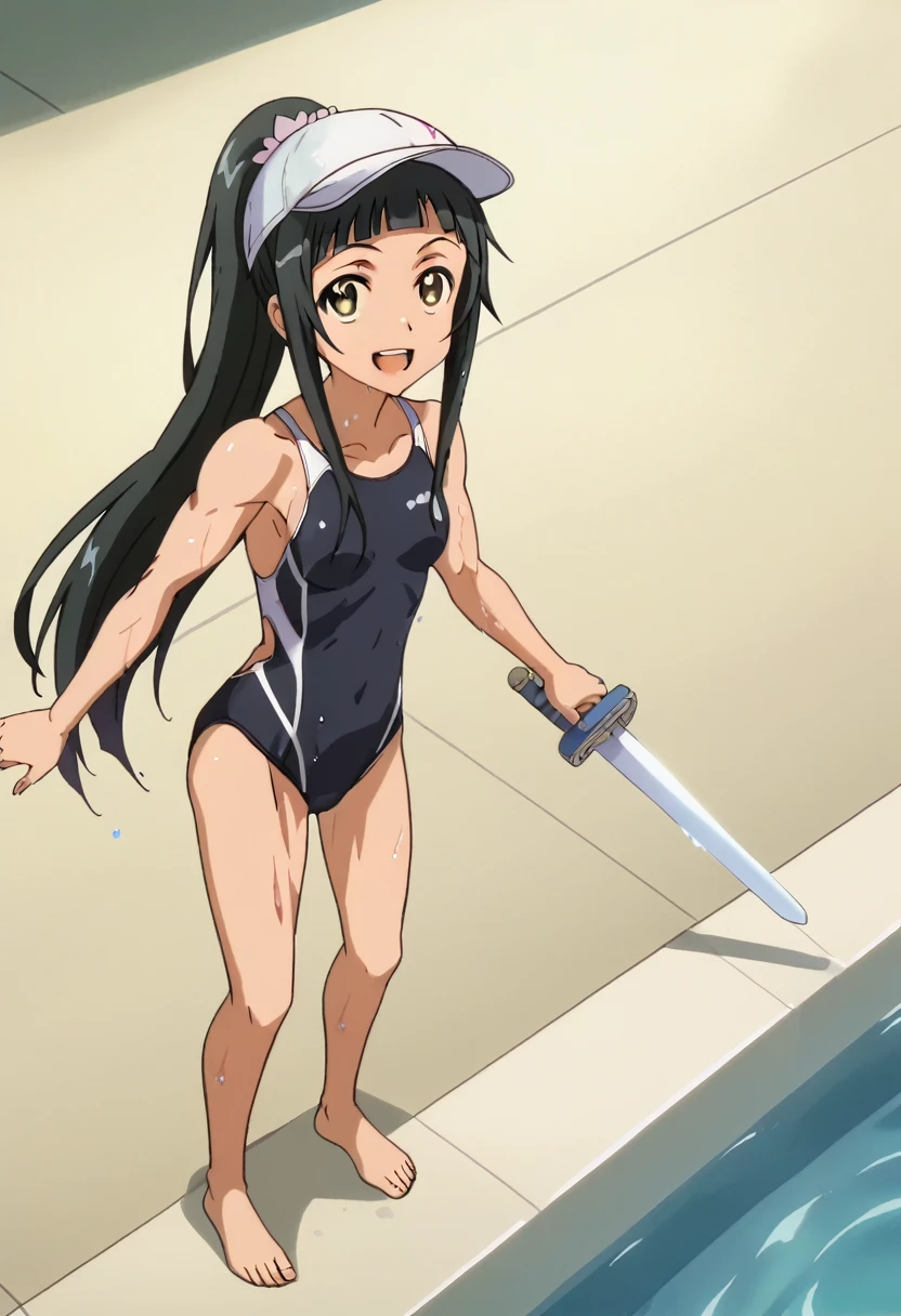 sword art online, yui, long hair, bangs, black hair, hair ornament, very long hair, high ponytail, blunt bangs, hime cut, brown eyes, masterpiece, best quality, anime screencap, tsuchimiya, competition swimsuit, black swimsuit, barefoot, bare legs, 1girl, solo, smile, open mouth, upper teeth only, round teeth, black one-piece swimsuit, full body, wet, high saturation, high contrast, outdoor, concept, bodybuilder, muscular female, alternate muscle size, muscle, standing, female water polo player, Water Polo Venues, wading pool, water polo cap, ball, holding, pool, under water