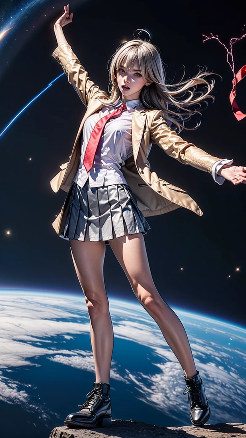 1girl, tall body, high school student, suit, dark blue suit jacket, white shirt, (red ribbon necktie), grey pleated skirt, miniskirt, bare legs, white socks, brown shoes, light grey hair, hazel eyes, med-back-length hair, bangs, ahoge, beautiful detailed eyes, beautiful detailed face, cute face, medium breasts, perfect hands, complete fingers, perfect anatomy, perfect proportions, age 18, solo, solo focus, standing, raised arms, serious, open mouth, looking at viewer, space backdrop, floating, body infused with electricity, ahoge