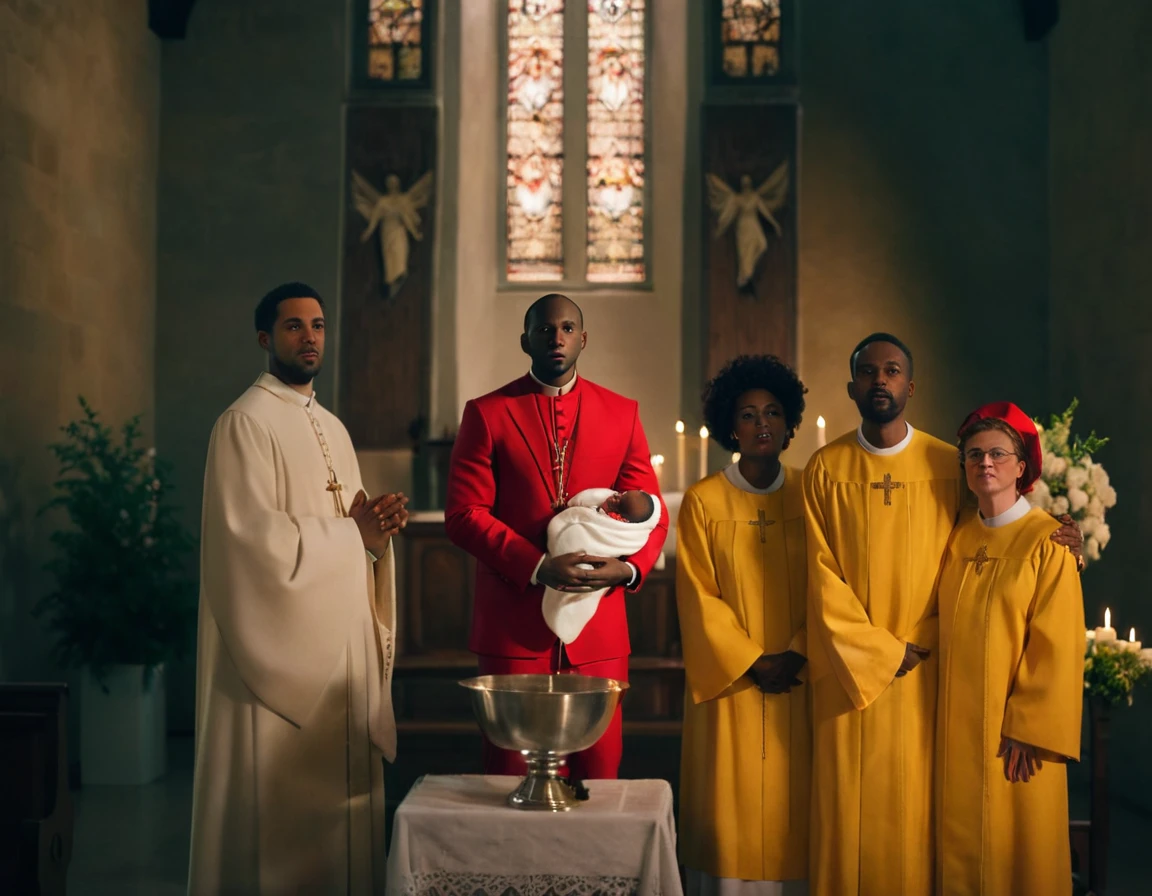 An ultra realistic church altar, Gothic style, in front of the pupto in the center we have a black man, holding a newborn baby wrapped in a white blanket, on the left side we have a priest with open arms with an astonished look and on the right side a choir with white clothes and white veils looking at the man with an appearance of fear. The man in the red blazer and red hat holds the baby as if he was going to baptize him. The priest dressed in white is white and calico, just like the three}These are choir people dressed in yellow