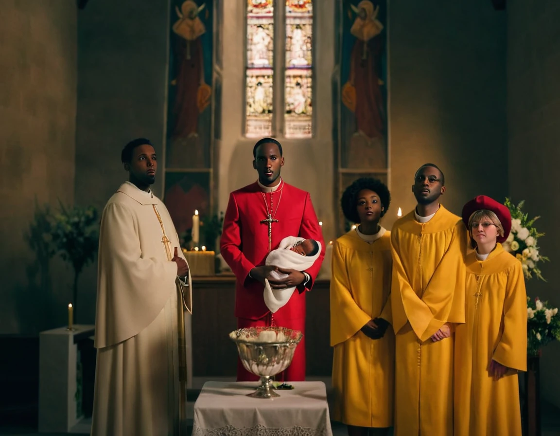 An ultra realistic church altar, Gothic style, in front of the pupto in the center we have a black man, holding a newborn baby wrapped in a white blanket, on the left side we have a priest with open arms with an astonished look and on the right side a choir with white clothes and white veils looking at the man with an appearance of fear. The man in the red blazer and red hat holds the baby as if he was going to baptize him. The priest dressed in white is white and calico, just like the three}These are choir people dressed in yellow