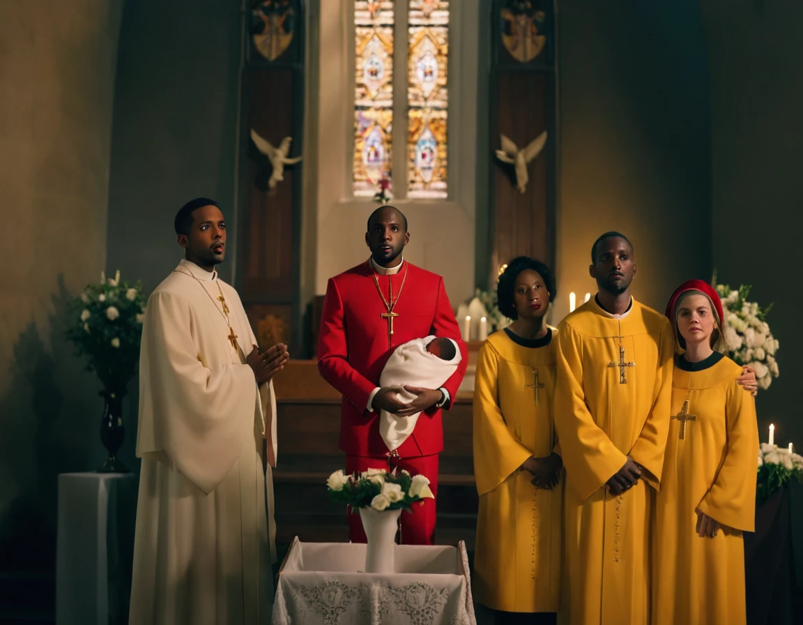 An ultra realistic church altar, Gothic style, in front of the pupto in the center we have a black man, holding a newborn baby wrapped in a white blanket, on the left side we have a priest with open arms with an astonished look and on the right side a choir with white clothes and white veils looking at the man with an appearance of fear. The man in the red blazer and red hat holds the baby as if he was going to baptize him. The priest dressed in white is white and calico, just like the three}These are choir people dressed in yellow