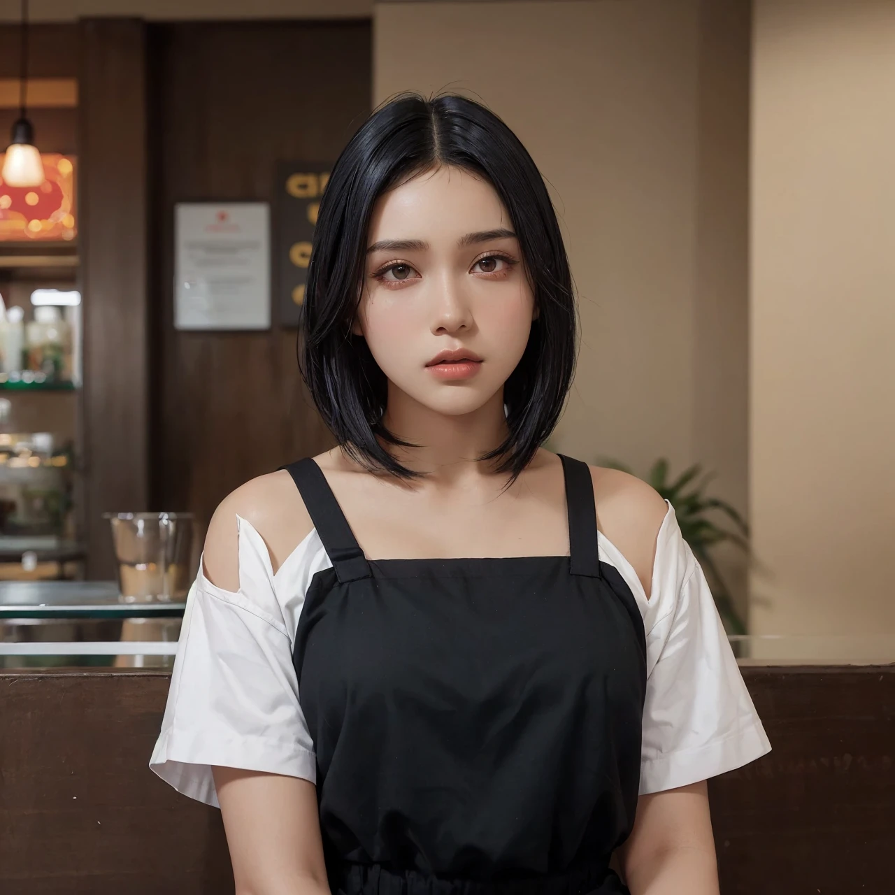 a 20 yo woman, black hair, (hi-top fade:1.3), background gradient solid color, soothing tones, muted colors, high contrast, (natural skin texture, hyperrealism, soft light, sharp)