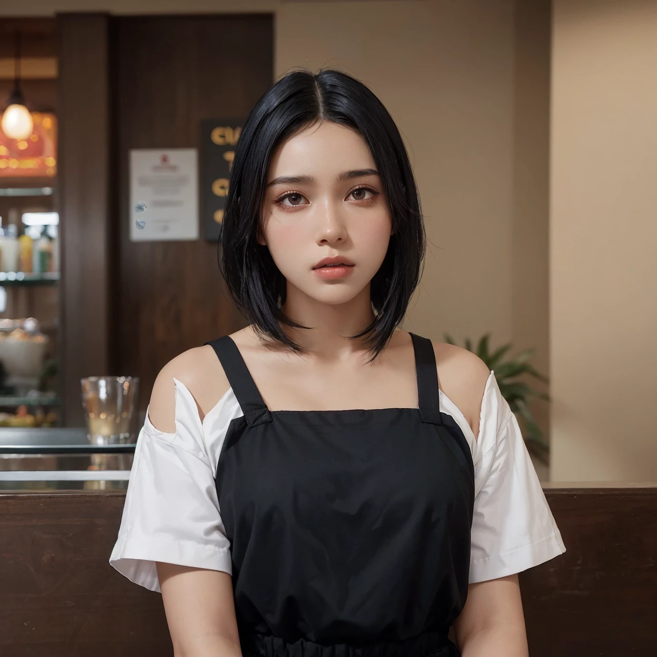 a 20 yo woman, black hair, (hi-top fade:1.3), background gradient solid color, soothing tones, muted colors, high contrast, (natural skin texture, hyperrealism, soft light, sharp)