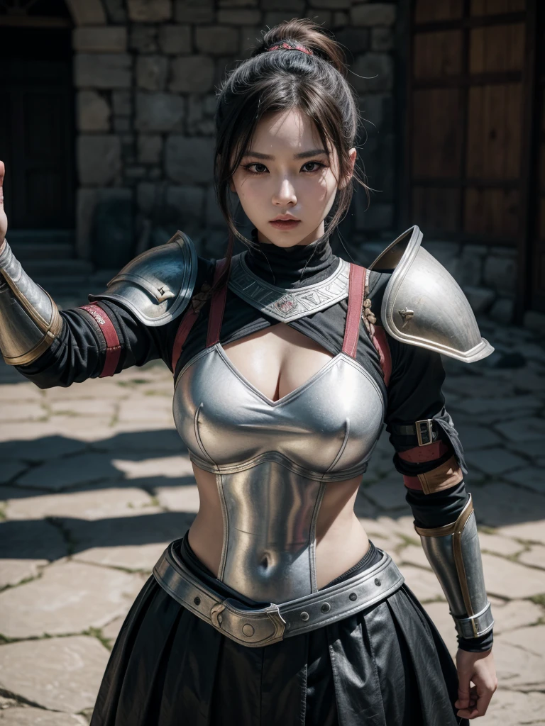 korean idol, Women, kpop, sexy, bella, beautiful, mortal kombat, combat, battle, fight. Correct proportion, no deformations, correct hands, powers, fighter, street figher, king of fighters, dead or alive. Pose de batalla, battle pose, guardia alta, defensive pose. 8k, UHD, High resolution. Guerrera medieval, gladiadora, danger, experience, expert, fem fatal. Battle armor, armadura de aceero, caballero medieval