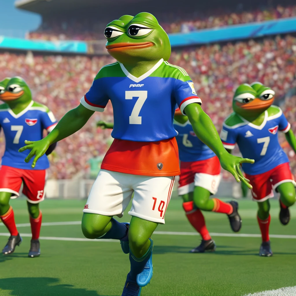 pepe the frog playing football with other team,vibrant colors,dynamic action scene,detailed frog features,realistic 3d rendering,highly detailed,photorealistic,4k,8k,best quality,masterpiece,studio lighting