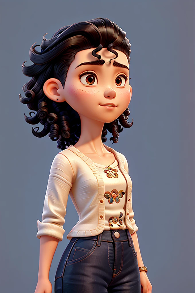 30 year old white Mexican woman with、(high fade:1.3)、black hair with curls and chinese, shaved on one side、calming tones、very contrasted、(Natural skin textures、、Luz outfit、sharp)、masterpiece, premium, high quality, high resolution, background a cabin, baggy clothes