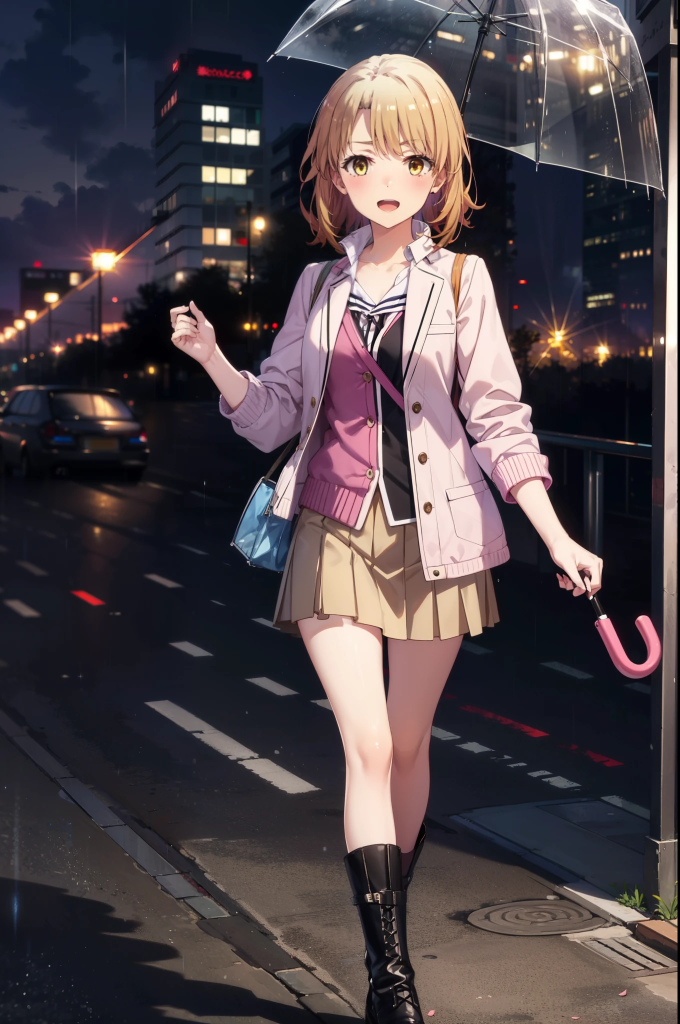 Irohaisshiki, isshiki iroha, short hair, Brown Hair, (Brown eyes:1.5), happy smile, smile, Open your mouth,blush,black rider jacket　Open front,V-neck shirt,mini skirt,Black pantyhose,short boots,Walking,He is holding the grip of a black umbrella in his right hand.,rain,cloudy,Walking,whole bodyがイラストに入るように,
break outdoors, Building district,crowd, people々々,
break looking at viewer,whole body,
break (masterpiece:1.2), Highest quality, High resolution, unity 8k wallpaper, (figure:0.8), (Beautiful attention to detail:1.6), Highly detailed face, Perfect lighting, Highly detailed CG, (Perfect hands, Perfect Anatomy),