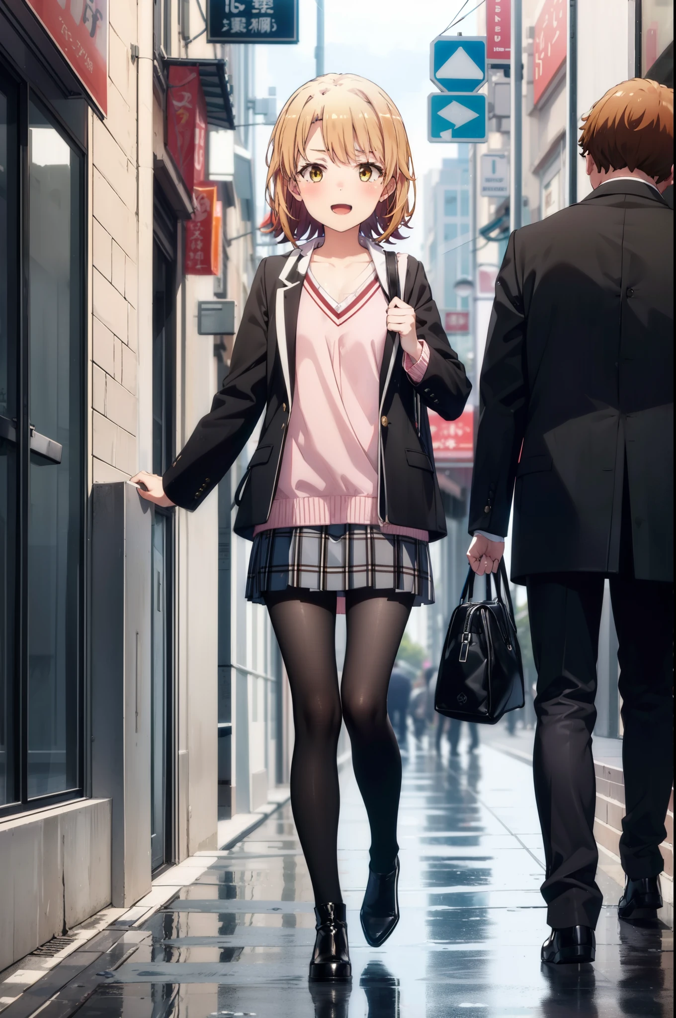 Irohaisshiki, isshiki iroha, short hair, Brown Hair, (Brown eyes:1.5), happy smile, smile, Open your mouth,blush,black rider jacket　Open front,V-neck shirt,mini skirt,Black pantyhose,short boots,Walking,He is holding the grip of a black umbrella in his right hand.,rain,cloudy,Walking,whole bodyがイラストに入るように,
break outdoors, Building district,crowd, people々々,
break looking at viewer,whole body,
break (masterpiece:1.2), Highest quality, High resolution, unity 8k wallpaper, (figure:0.8), (Beautiful attention to detail:1.6), Highly detailed face, Perfect lighting, Highly detailed CG, (Perfect hands, Perfect Anatomy),