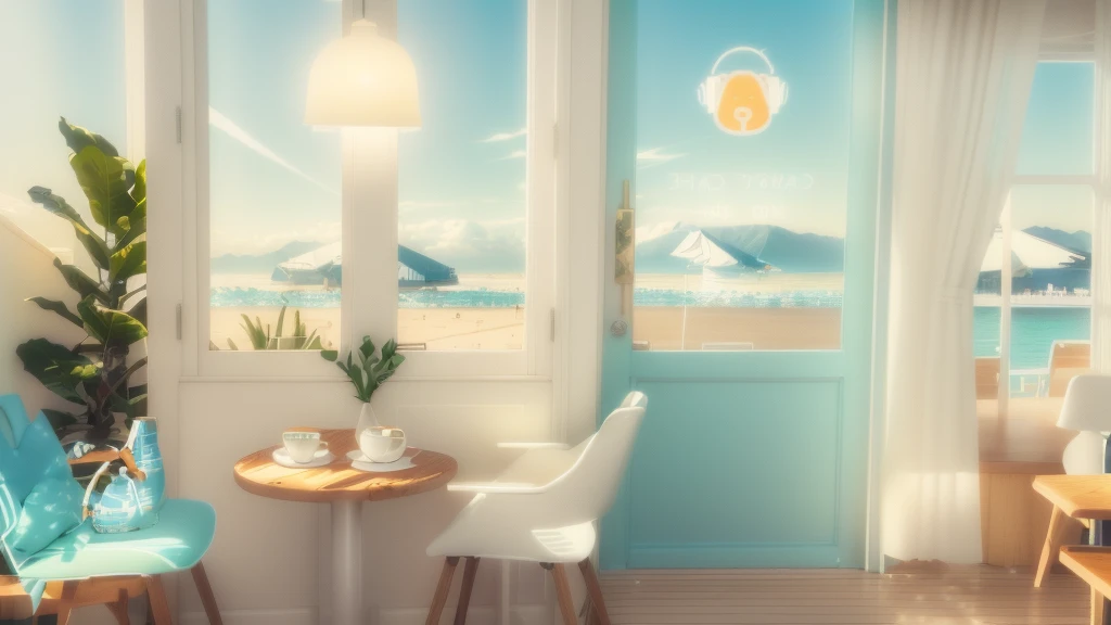 There is a table with two chairs and a table with a coffee cup on it., cozy Cafe background, Youtube thumbnails, Calm and bright colors, Vibrant atmosphere, in a beachfront environment, A vibrant scene, postprocessed), Cafe, The Best of Adobe Stock, Cafe in the clouds, by Aya Goda, inspired by Fernando Gerassi, Calm feeling, Cafe interior, Ocean View