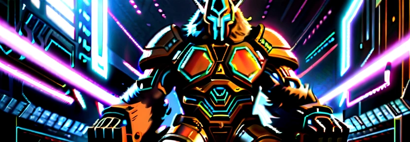 a cybernetic viking warrior, futuristic utopia, sitting in a chair draped with a bear pelt, sharpening a high-tech axe, iron and gold, intricate details, cinematic lighting, hyper-realistic, 8k, studio lighting, physically-based rendering, vibrant colors, dramatic composition