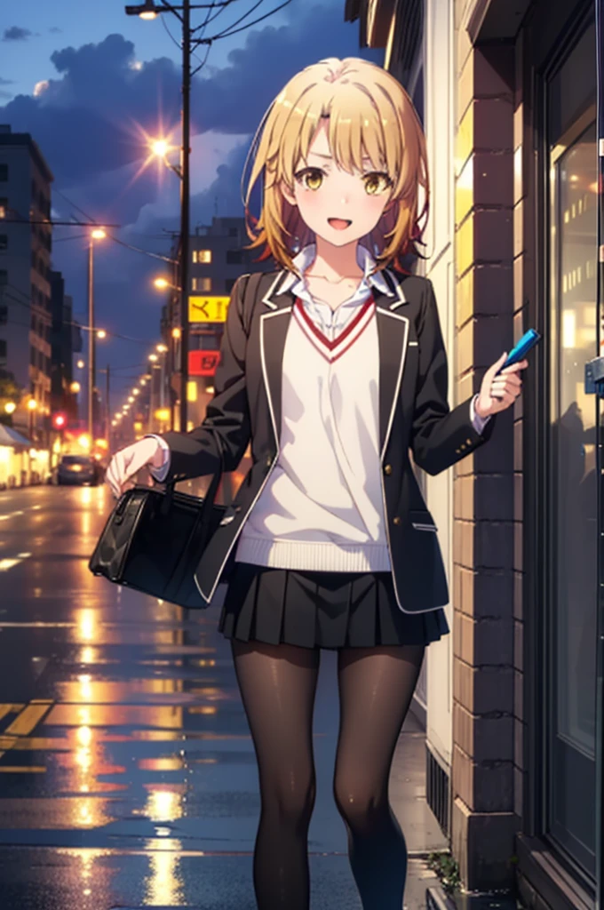 Irohaisshiki, isshiki iroha, short hair, Brown Hair, (Brown eyes:1.5), happy smile, smile, Open your mouth,blush,black rider jacket　Open front,V-neck shirt,mini skirt,Black pantyhose,short boots,Walking,He is holding the grip of a black umbrella in his right hand.,rain,cloudy,Walking,whole bodyがイラストに入るように,
break outdoors, Building district,crowd, people々々,
break looking at viewer,whole body,
break (masterpiece:1.2), Highest quality, High resolution, unity 8k wallpaper, (figure:0.8), (Beautiful attention to detail:1.6), Highly detailed face, Perfect lighting, Highly detailed CG, (Perfect hands, Perfect Anatomy),