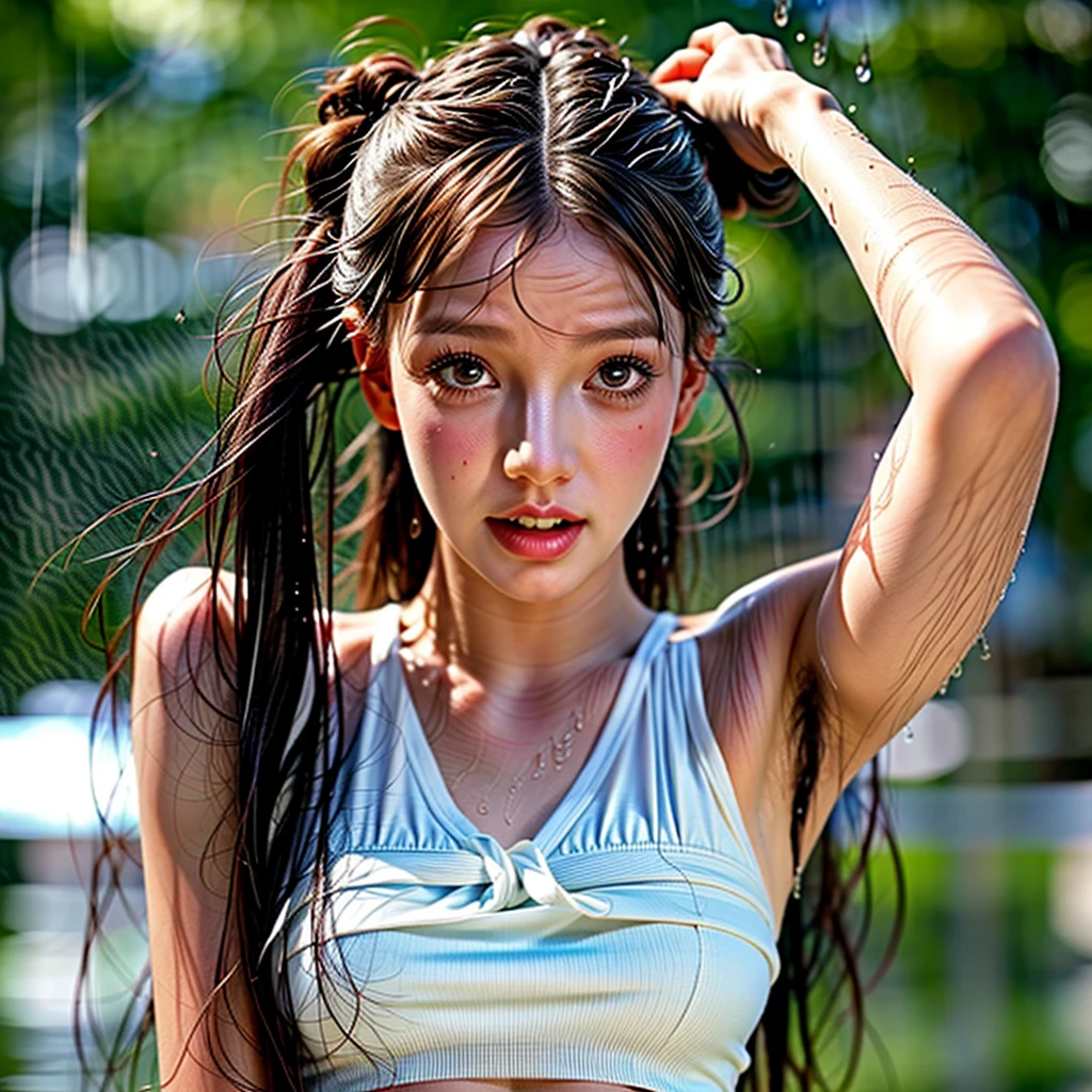 masterpiece of ExtremelyDetailed (ProfessionalPhoto of Stunning women:1.4) LookingSky, (((Downpour))), BraidHair with bun, (Joyful Expressions LifeLike Rendering), ((Extremely detailed beautiful face and eyes)) BlushAhegao SmoothArmpit LiquidSoap Bubbles BREAK PUNIPUNI ((Britney Spears))britneyspears-smf, Beltbra, MysticSight, (Torrential Rain:1.4) (Overflowing HUGE Underboob Overflowing Raindrops Overflowing water)(((WetHair WetFace WetSkin Wetted Hair:1.4))), (SFW), HiddenHands, MotionBlur (BokeH:1.4), (no extra limbs), (no extra eyebrow),