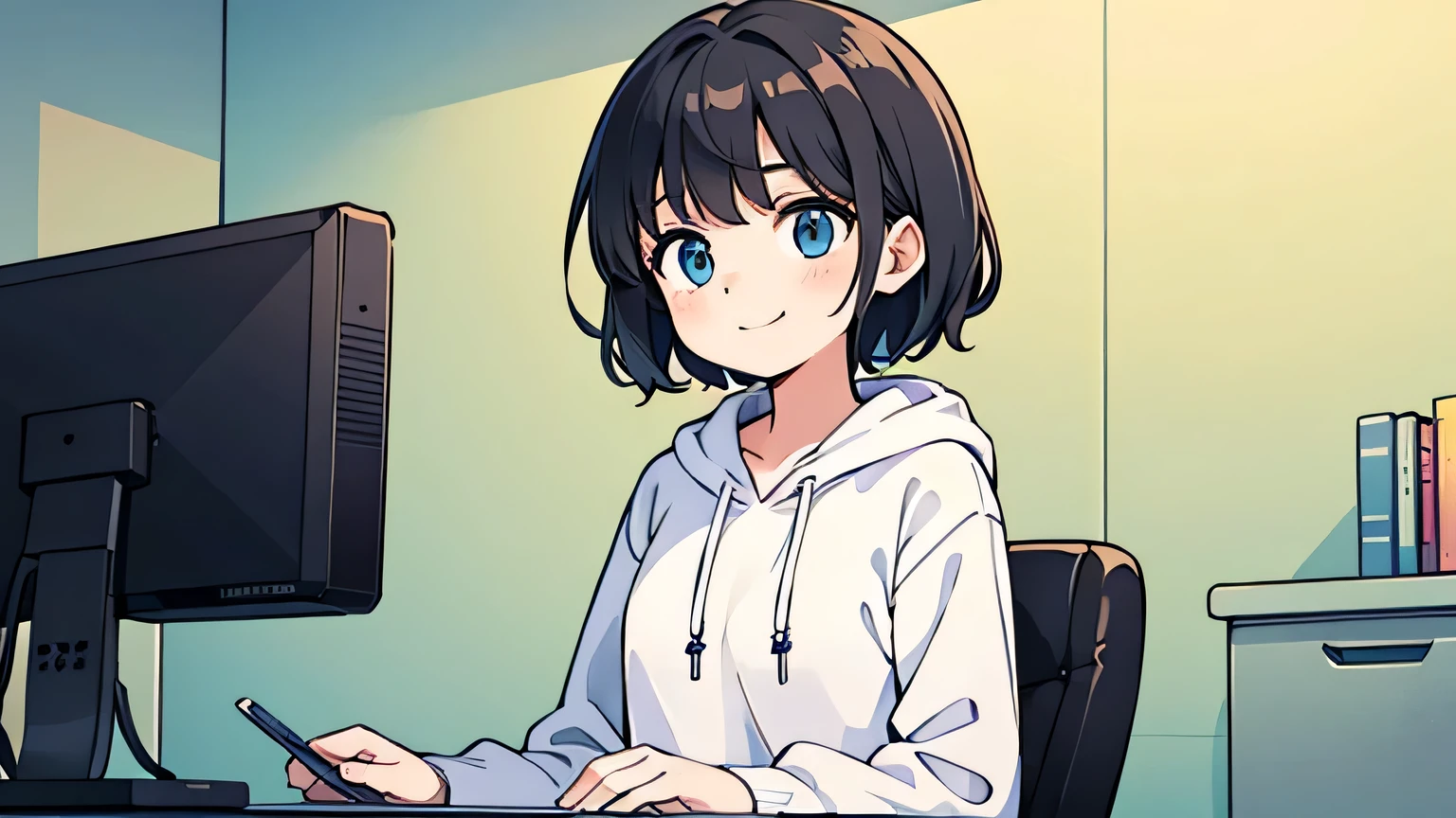 1girl, solo, blue eyes, (detailed eyes), gentle smile on her face flat chest, short hair, black hair, upper body, wearing a white hoodie ((masterpiece, illustration, best quality)) Teenage girl sitting in a chair in a very messy room fiddling with the computer
