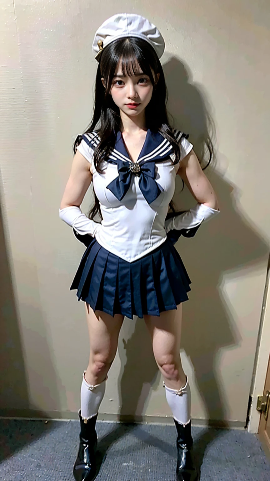 (8K、RAW Photos、Highest quality、masterpiece:1.2)、(Realistic、Realistic)、1 girl、((Sailor Warrior Outfits:1.5、With pubic hair、Large Breasts、Full body from the front、Standing with hands behind back、))、Lots of eyelashes、Glowing eyelids、skeletally correct、smile、This photo will awaken boys to sex、Public toilets