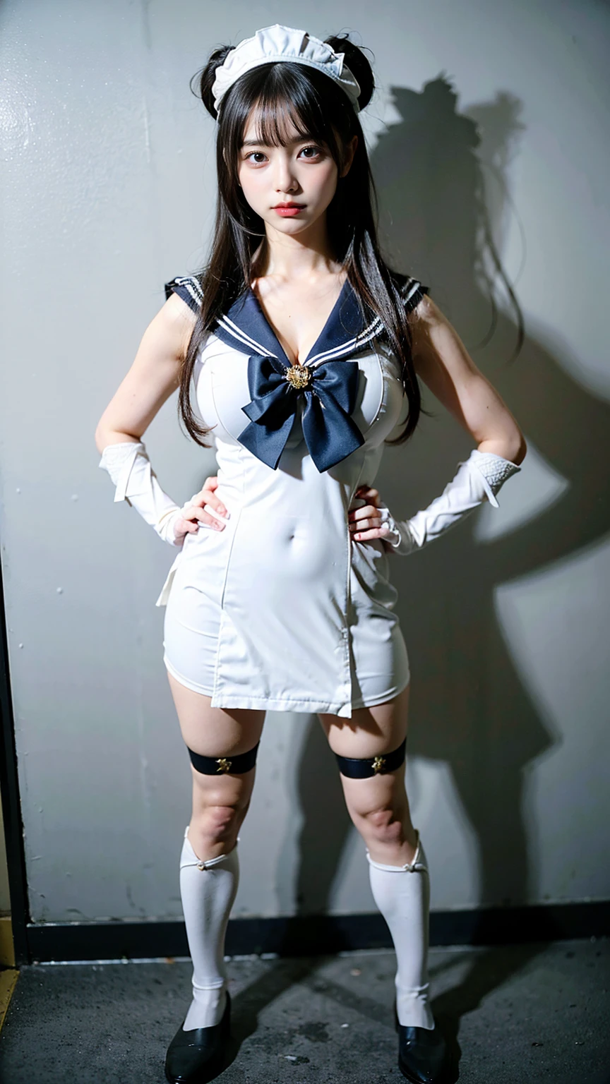 (8K、RAW Photos、Highest quality、masterpiece:1.2)、(Realistic、Realistic)、1 girl、((Sailor Warrior Outfits:1.5、With pubic hair、Large Breasts、Full body from the front、Standing with hands behind back、))、Lots of eyelashes、Glowing eyelids、skeletally correct、smile、This photo will awaken boys to sex、Public toilets