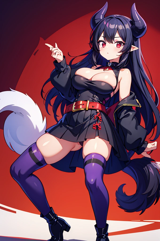 (masterpiece), best quality, expressive eyes, (bouncing breasts), perfect face, (perfect anatomy), (cheerful), (short-stack), (demon girl) with (triangular ears), (jet black hair), (red eyes), (a long fluffy black tail), (2 small triangular red horns), (huge breasts), (thin waist), and (wide hips) wearing a (sleeveless black dress with a skirt and white frills), (a purple belt around her waist), (black and red striped stockings), and (purple boots)