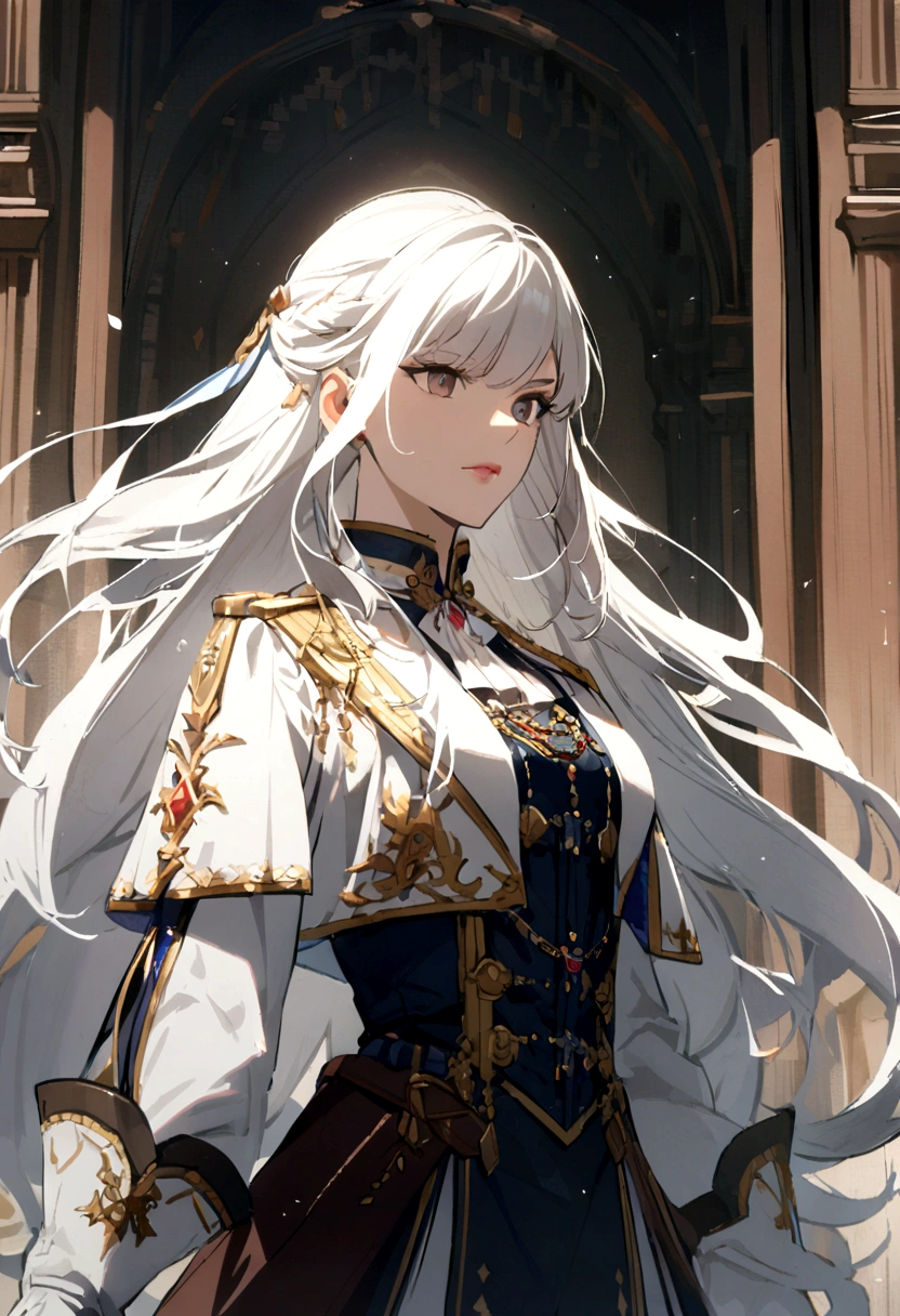 1girl, long hair, white hair, noble clothes, military uniform, white gloves,