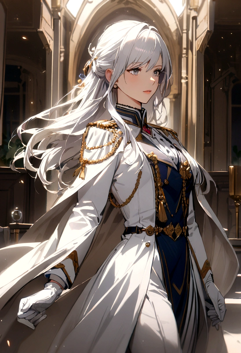 1girl, long hair, white hair, noble clothes, military uniform, white gloves,