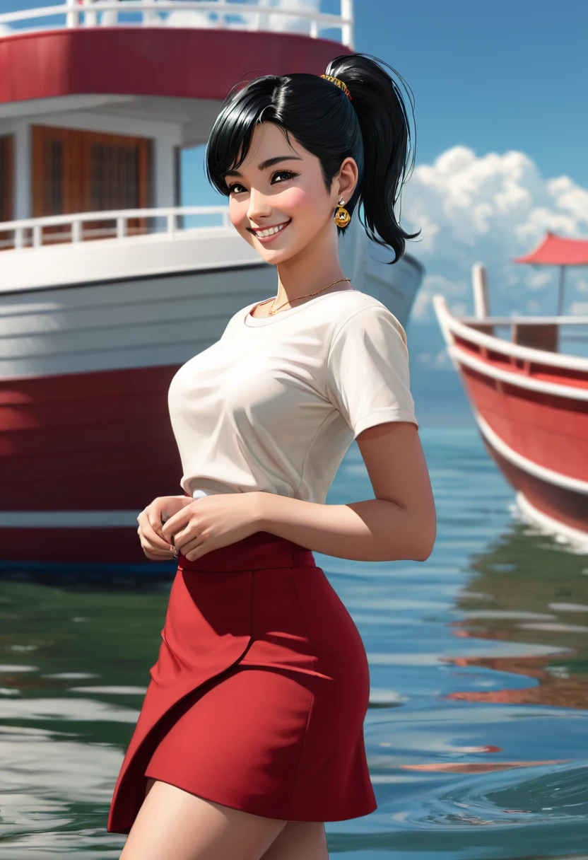 OliveOyl, short black hair with ponytail, black eyes, solo, upper body ,
red shirt , black long skirt, small earrings,
standing,    hips, 
smiling, waterboat,  sunny, clouds,
 (insanely detailed, beautiful detailed face, masterpiece, best quality)
 