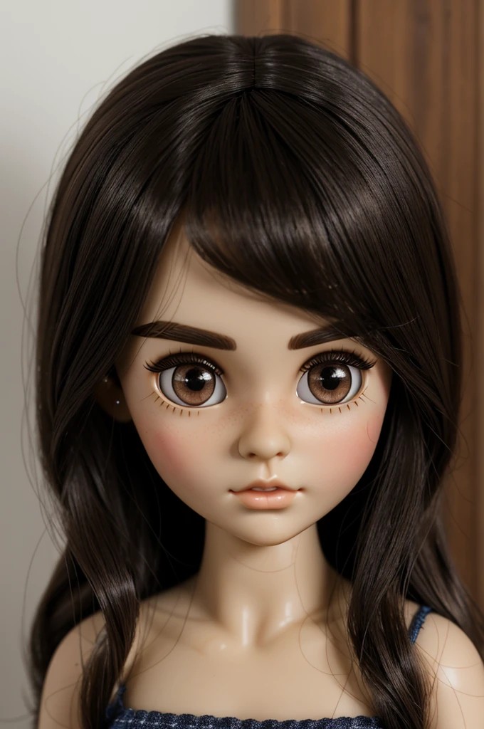 A brunette blythedoll with big eyes, thin, arched eyebrows, a mole on the cheek, dark brown eyes and black hair