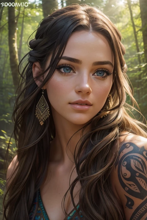 a wild and free girl, beautiful detailed eyes, beautiful detailed lips, extremely detailed eyes and face, long eyelashes, adventurous expression, flowing hair, intricate tribal tattoos, flowing dress, wilderness forest backdrop, sunlight filtering through trees, natural lighting, vibrant colors, (best quality,4k,8k,highres,masterpiece:1.2),ultra-detailed,(realistic,photorealistic,photo-realistic:1.37),detailed portrait