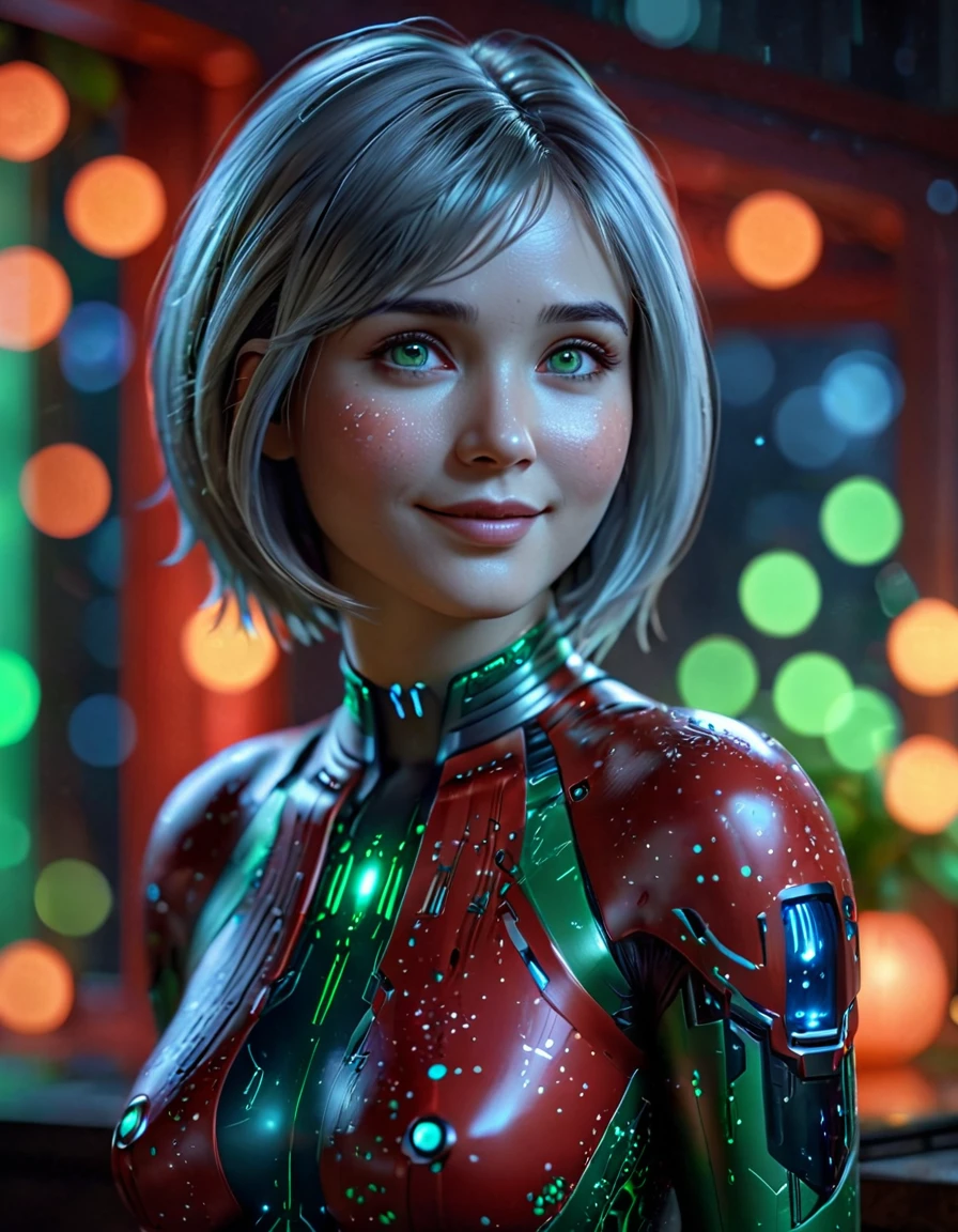 (hyperrealistic, best quality, 4k), sweet, smile, Cortana with ethereal light silver hair and green eyes. in party colorful country red pattern dress, The image should be high-quality, high-definition. cute dynamic pose, shallow depth of field, vignette, highly detailed, high budget, bokeh, cinemascope, moody, epic, gorgeous, film grain, masterpiece, fujifilm, 8k