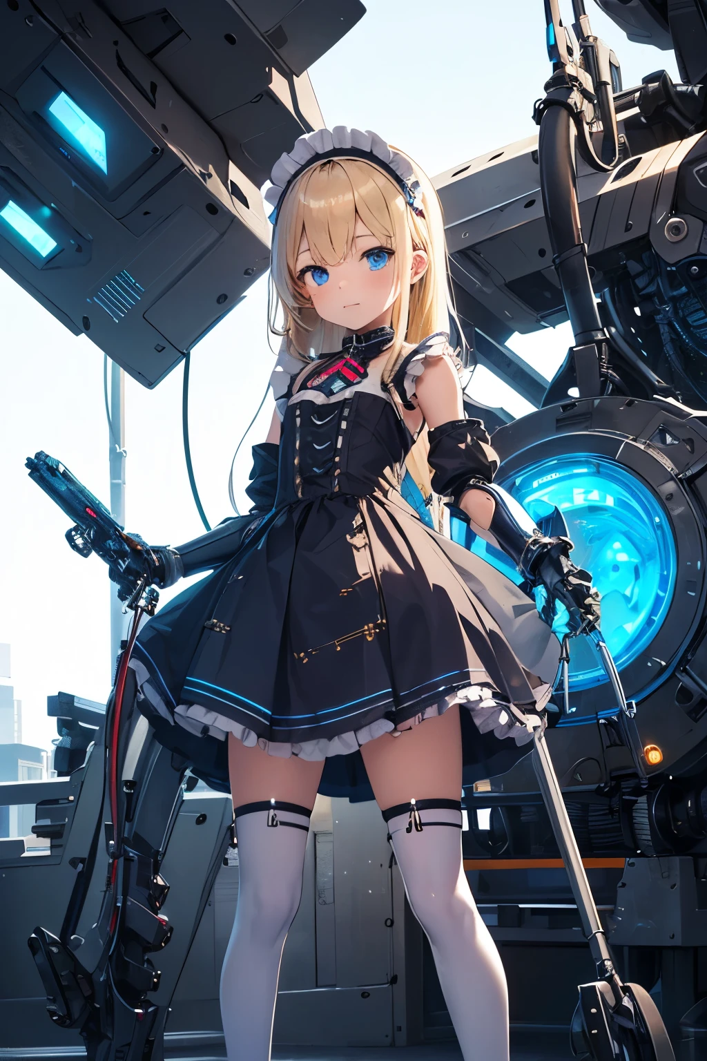 girl ,girl , mechanical face , futuristic maid dress ,flat chest ,long blonde hair frinje ,(loli body),hanic-headband, blue leds ,blue light auréola, quality, 8k ,maid uniform , Cyborg arms. Mechanical Limbs Metal, Mechanical legs .Power cablles conected in machine. Circuitos.