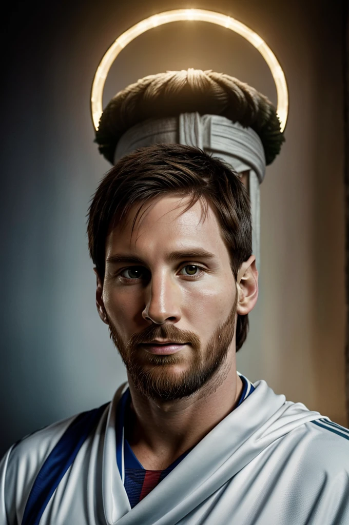 A very detailed portrait of Messi with the toga and halo of Jesus Christ 