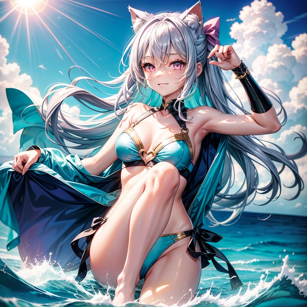 Silver hair, pink eyes, woman, sun and cloud background, teal blue and gold clothes, hair bows, happy face, swimsuit, sexy, cat ears, floating heart, thigh up, laid back, legs up