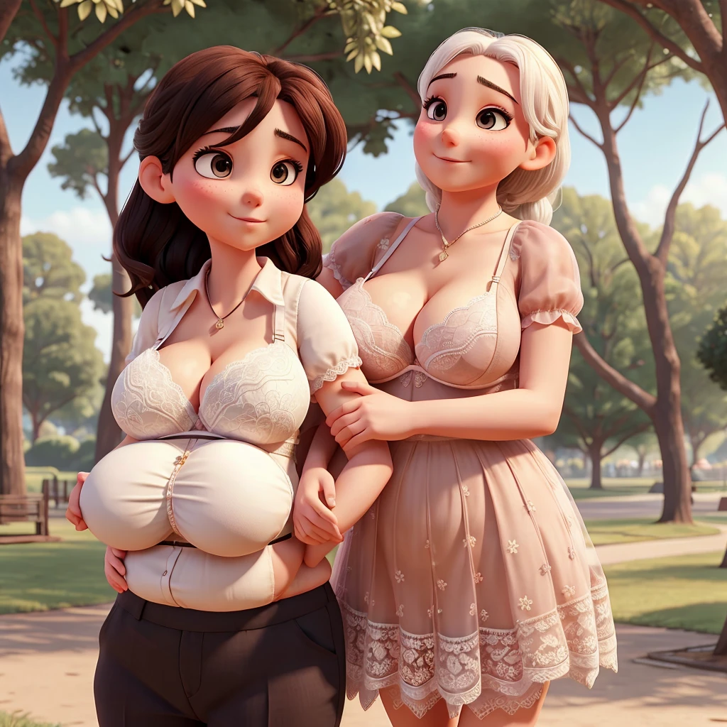 Thin 25 year old granddaughter with huge breasts in lace bra hugging her grandfather in the park