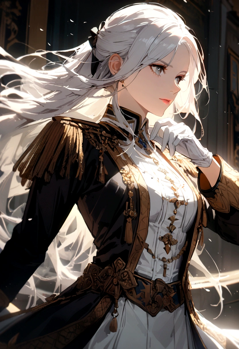 1girl, long hair, white hair, noble clothes, military uniform, white gloves,