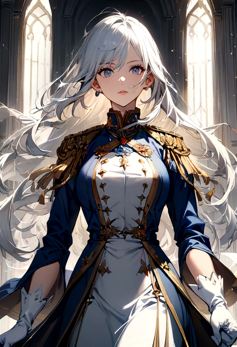 1girl, long hair, white hair, noble clothes, military uniform, white gloves,