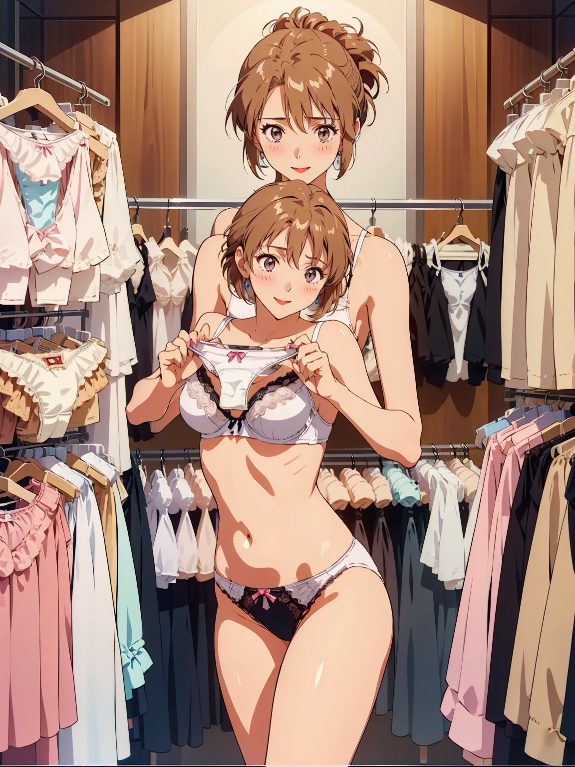 masterpiece, top quality, ultra detailed, ((((AIKA_SUMERAGI, folded ponytail, best anatomy, in underwear, (panties, elaborately designed luxury panties for adults, panties high definition images, draw panties with super precision), lace trimmed bras, extremely detailed texture, earrings, red lip, embarrassed, blush, smile)))), cowboy shot, (((underwear in underwear store))), white skin, (presenting panties), underwear store interior, display panties, (underwear section filled with many panties), (panties taken off)