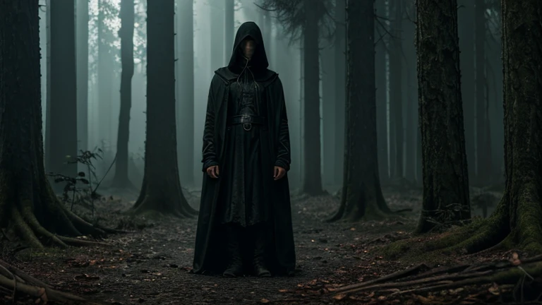 ((Best Quality, 8k, Masterpiece: 1.4)),((Amazing detail: 1.3)),((illustration: 1.2)),((high resolution: 1.1)),creepy, horror, Human figure, Dark style, dark fantasy, Hooded coat, Dark color, realist, dark atmosphere, chiaroscuro, movie forest, peristaltic, Decolonization, trees and vegetation