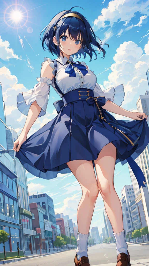 Highest quality、anime、solo、1 beautiful girl、Big Breasts、ribbon、blue sky、sunny、City、Top、original character、short hair、Black Hair、Blue Hair、blue eyes、Beautiful woman、Sleevelesini skirt、Headband、Holding a camera