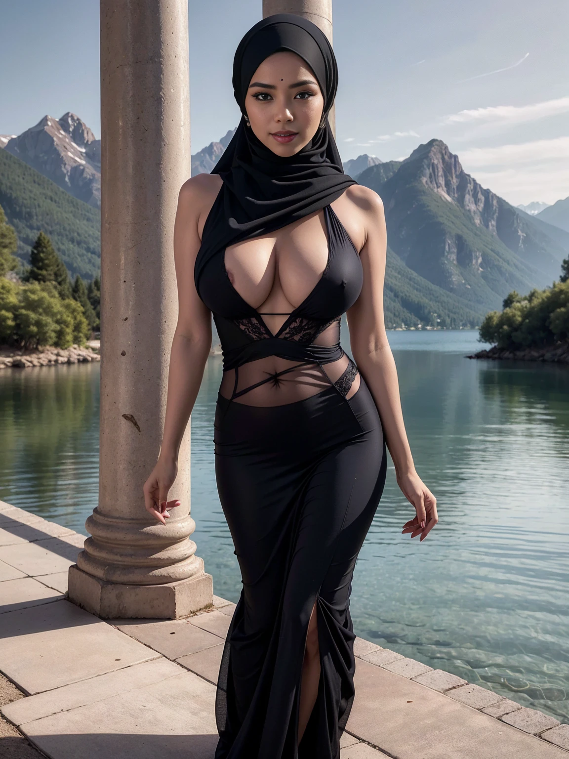 best quality, masterpiece, excellent, portrait, 1 Malaysian woman in hijab, full body , wearing black lingerie, big breasts and saree, perfect slender body, (huge breasts), big beautiful eyes, soft, beautiful smile, walking , perfect anatomy, perfect fingers, in front of a beautiful lake with mountains in the background 4k