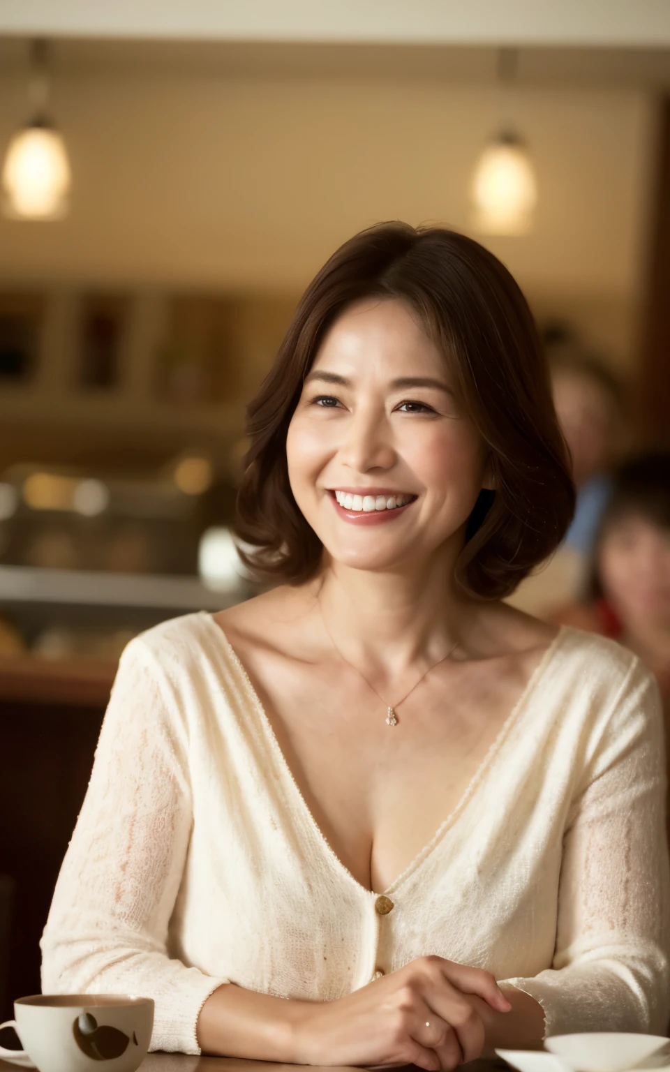 8k wallpaper, masterpiece, Highest quality, Super detailed, One Mature Woman, 50 years old, Become very clear, Wearing a short-sleeved knit, Skin dents, Captivating smile, Looking at the audience, Cleavage, plump, Curvaceous, Fascinating face, Smiling with teeth showing, I was happy, Sitting in a cafe, Background Blur