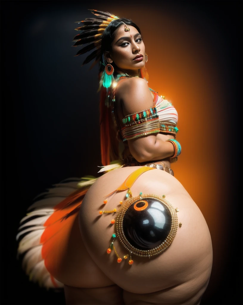 Beautiful Cherokee Indian woman with beautiful terracotta colored headdresses, blackw, doradas, cobre, Pearl, white and beige, feathers made of bright neon of various colors, flares on camera, bokeh, full moon night
